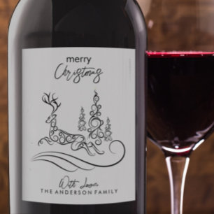 Modern Elegant Merry Christmas Tree and Reindeer Wine Label
