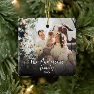 Modern Elegant minimal Calligraphy Family Photo Ceramic Ornament
