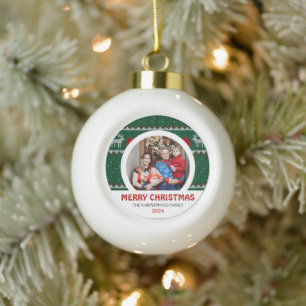 Modern Elegant Minimal Christmas Family 1 Photo Ceramic Ball Christmas Ornament