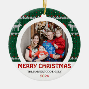 Modern Elegant Minimal Christmas Family 2 Photo Ceramic Tree Decoration