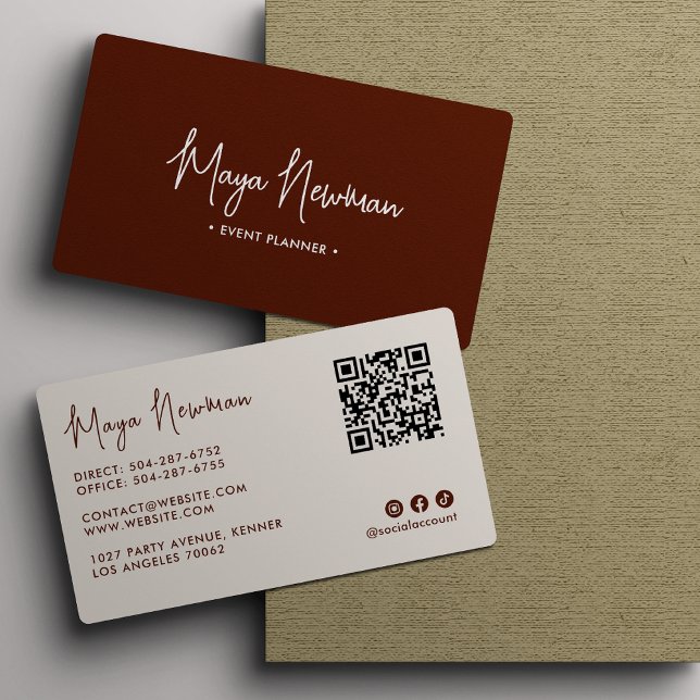 Modern Elegant Minimal QR Code Professional Brown Business Card (Creator Uploaded)