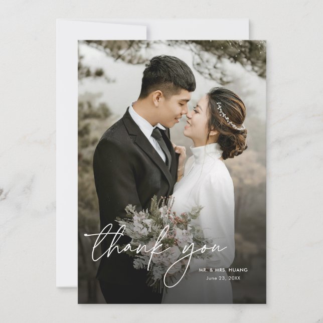 Modern Elegant Minimal Script 2 Photos Wedding Thank You Card (Front)