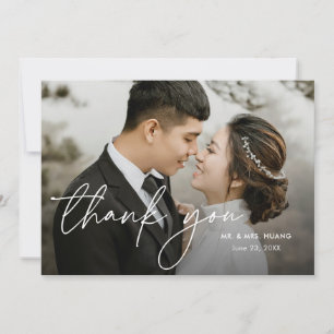 Modern Elegant Minimal Script Two Photo Wedding Thank You Card
