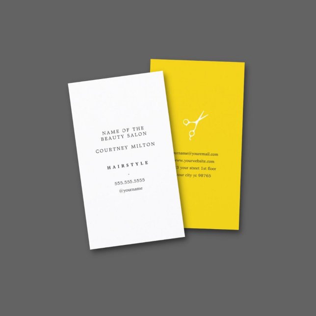 Modern Elegant Minimal White Yellow Hair Stylist Business Card (Creator Uploaded)