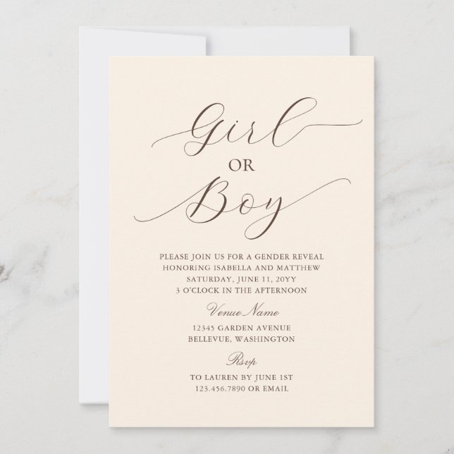 Modern Elegant Minimalist Beige Baby Gender Reveal Invitation (Front)