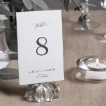 Modern elegant minimalist black and white wedding table number<br><div class="desc">Classy script simple chic black and white bride and groom names personalised wedding table number.           Please note that to order different numbers you need to customise them and put them in the shopping cart one by one (one card with no 1,  another with no 2,  etc).</div>