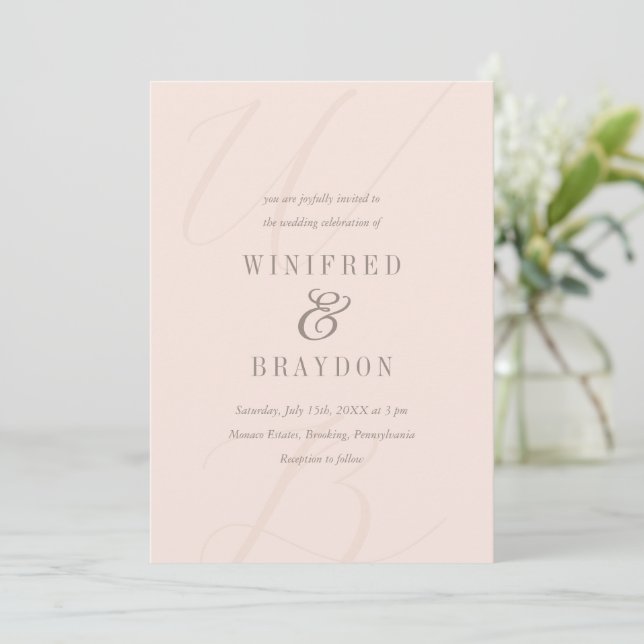 Modern Elegant Minimalist Blush Monogram Wedding  Invitation (Standing Front)