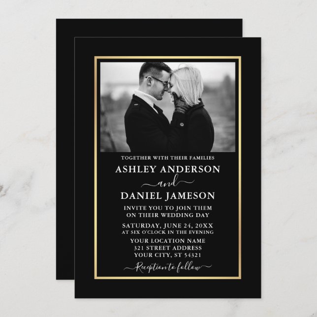 Modern Elegant Minimalist BW Photo Wedding Invitation (Front/Back)