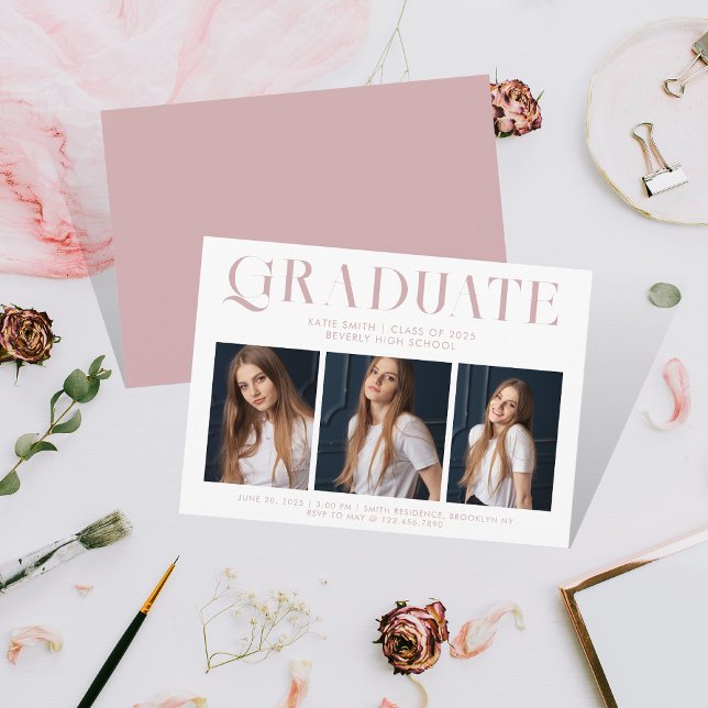 Modern Elegant Minimalist Graduation Three Photo Invitation (Creator Uploaded)