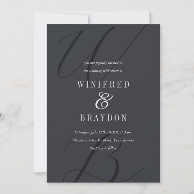 Modern Elegant Minimalist Monogram Black Wedding Invitation (Front)