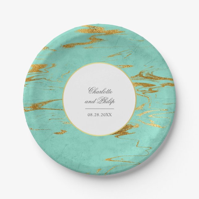 Modern Elegant Mint and Faux Gold Foil Wedding Paper Plate (Front)