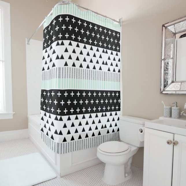 Modern Elegant Mint, Black,  & White Shapes Shower Curtain (In Situ)