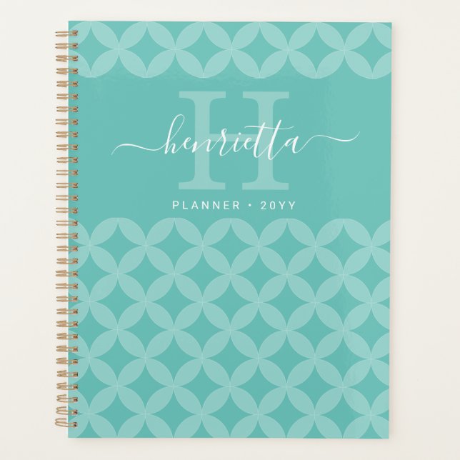 Modern Elegant Mint Circle Pattern Monogram Name Planner (Front)