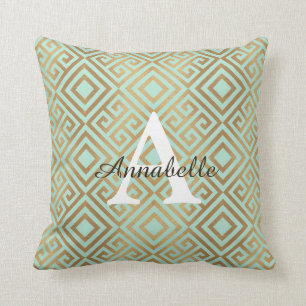 Modern Elegant Mint Green Gold Monogram Cushion