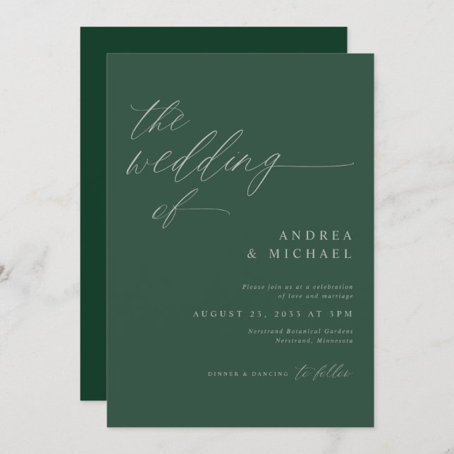 Modern Elegant Monochromatic Emerald Green Wedding Invitation (Front/Back)