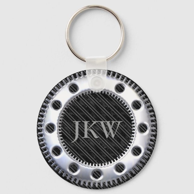 Modern Elegant Monogram Black and Grey Striped  Key Ring (Front)