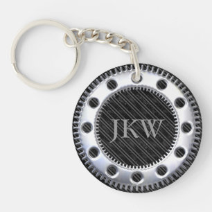Modern Elegant Monogram Black and Grey Striped  Key Ring