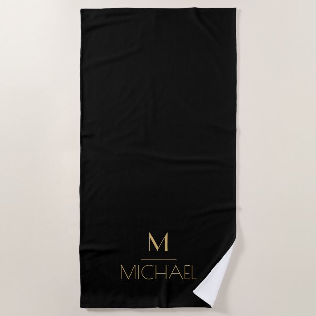 Modern Elegant Monogram  Black & Gold  Bath Mat (Front)