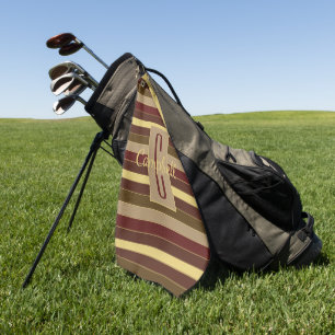 MODERN ELEGANT MONOGRAM BROWN GOLD STRIPE PATTERN GOLF TOWEL