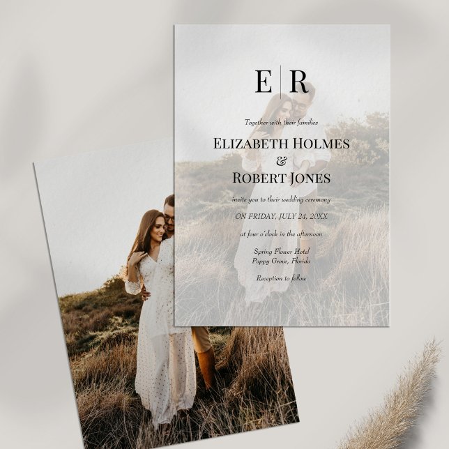 Modern Elegant Monogram Custom Photo Wedding  Invitation (Modern Elegant Monogram Custom Photo Wedding Invitation on a white table with dry flower.)