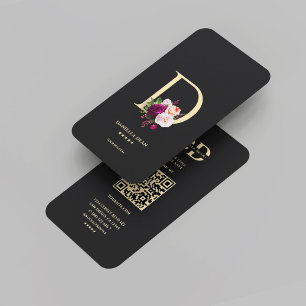 Modern Elegant Monogram D Floral Black Gold  Business Card