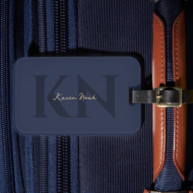 Modern Elegant Monogram Dark Blue Gold Luggage Tag (Front Insitu 4)