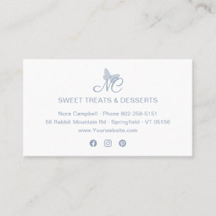 Modern Elegant Monogram Dusty Blue Butterfly Business Card