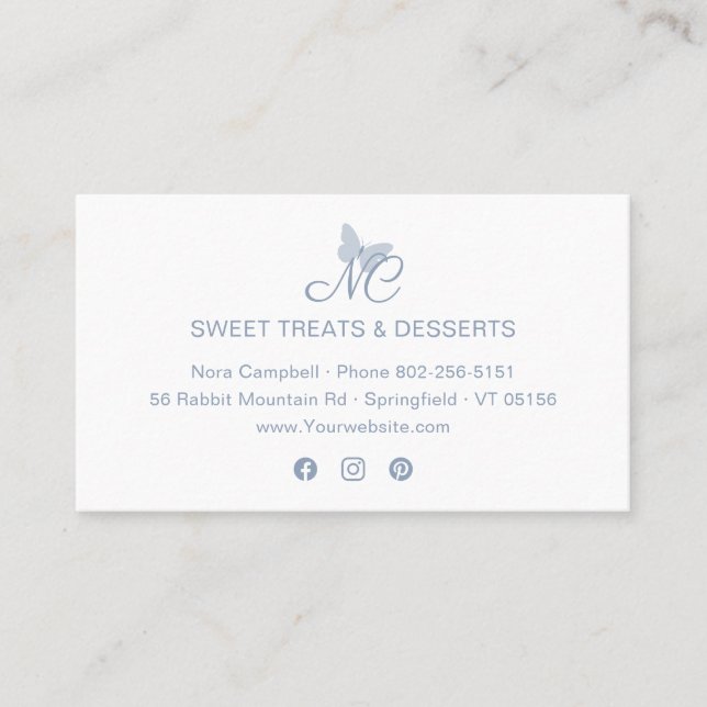 Modern Elegant Monogram Dusty Blue Butterfly Business Card (Front)