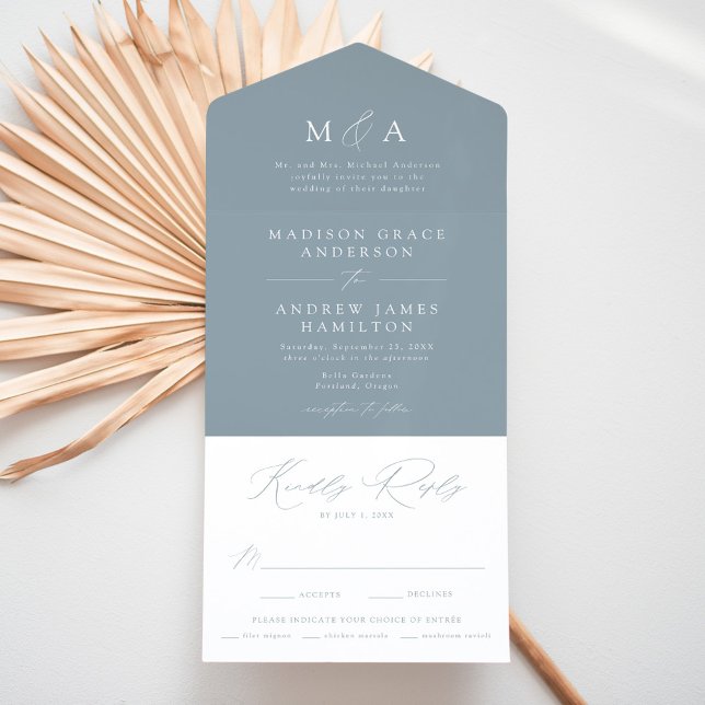 Modern Elegant Monogram Dusty Blue Wedding All In One Invitation (Creator Uploaded)