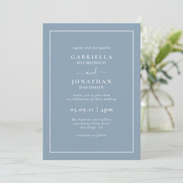 Modern Elegant Monogram Dusty Blue Wedding Invitation (Standing Front)