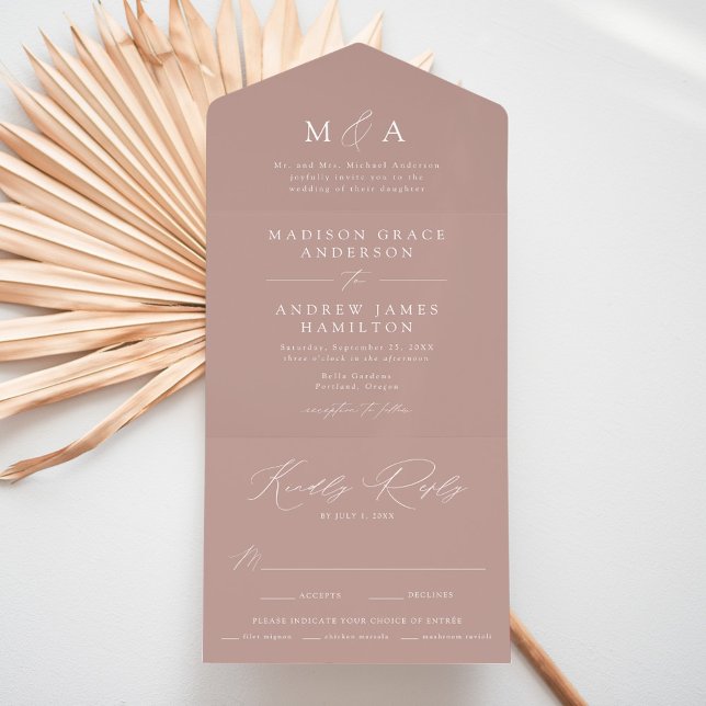 Modern Elegant Monogram Dusty Rose Wedding All In One Invitation (Creator Uploaded)