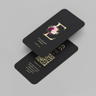 Modern Elegant Monogram E Floral Black Gold Business Card