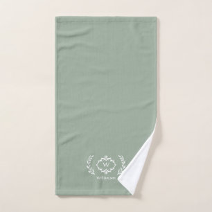 Modern Elegant Monogram Initial Sage Green White Bath Towel Set