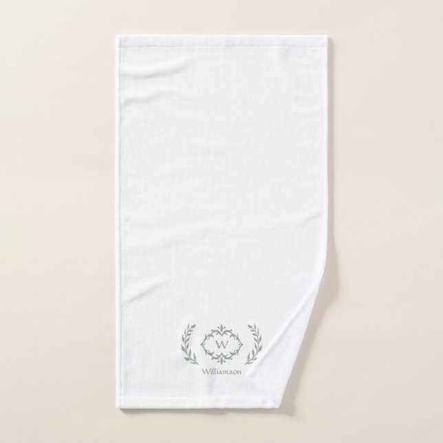 Modern Elegant Monogram Initial White Sage Green Bath Towel Set (Hand Towel)