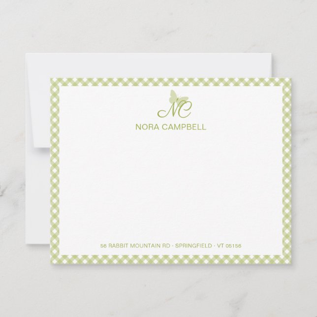 Modern Elegant Monogram Light Green Gingham Checks Card (Front)