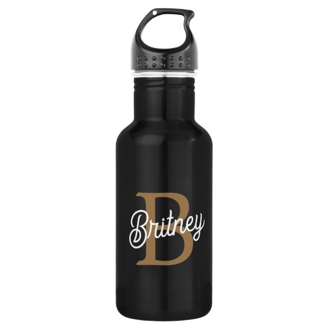 Modern Elegant Monogram Name  Black Gold Script  532 Ml Water Bottle (Front)