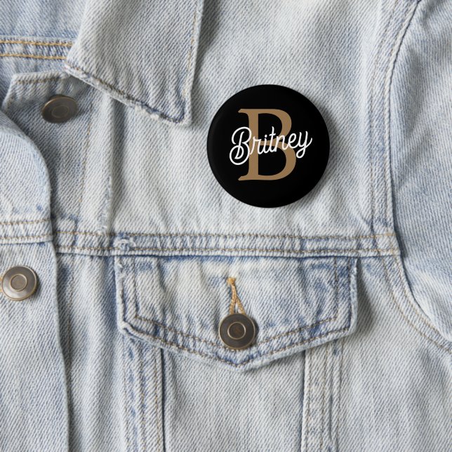 Modern Elegant Monogram Name  Black Gold Script  6 Cm Round Badge (In Situ)