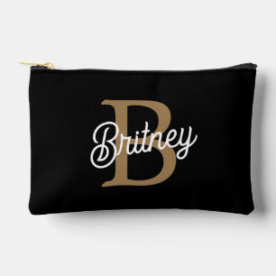 Modern Elegant Monogram Name Black Gold Script Accessory Pouch