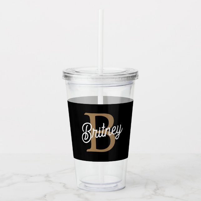 Modern Elegant Monogram Name  Black Gold Script  Acrylic Tumbler (Front)