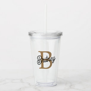 Modern Elegant Monogram Name  Black Gold Script  Acrylic Tumbler