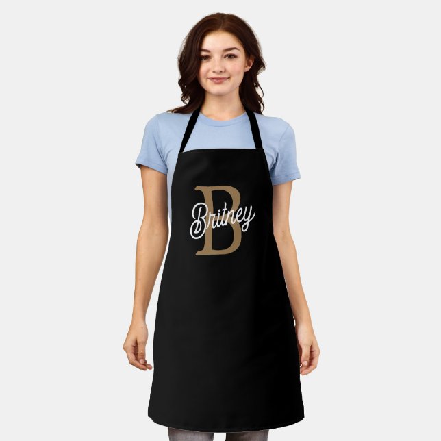 Modern Elegant Monogram Name  Black Gold Script  Apron (Worn)