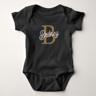 Modern Elegant Monogram Name  Black Gold Script  Baby Bodysuit