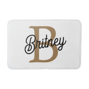 Modern Elegant Monogram Name  Black Gold Script  Bath Mat