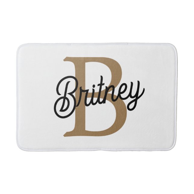 Modern Elegant Monogram Name  Black Gold Script  Bath Mat (Front)