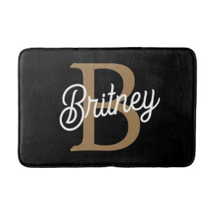 Modern Elegant Monogram Name Black Gold Script Bath Mat