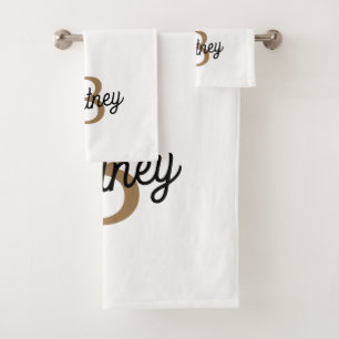 Modern Elegant Monogram Name Black Gold Script Bath Towel Set