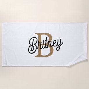 Modern Elegant Monogram Name Black Gold Script Beach Towel