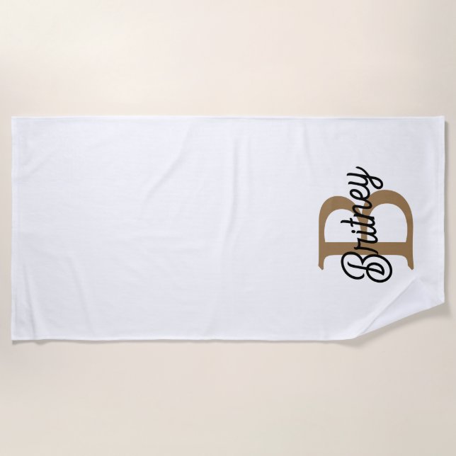 Modern Elegant Monogram Name  Black Gold Script  Beach Towel (Front)