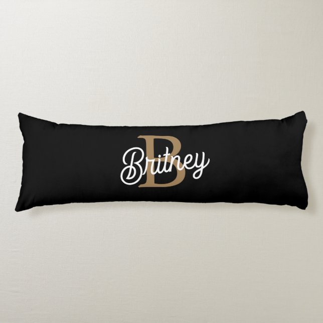 Modern Elegant Monogram Name  Black Gold Script  Body Cushion (Front)