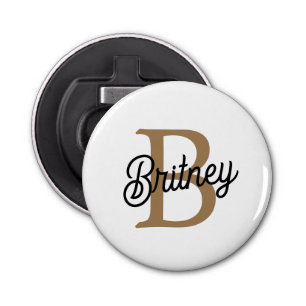 Modern Elegant Monogram Name Black Gold Script Bottle Opener